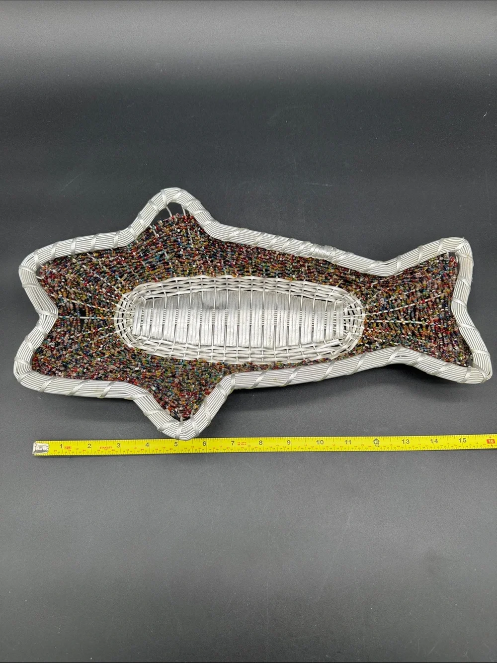 Beaded Fish Shaped Basket Aluminum Wire Wrapped Multicolor Seed Beads 16” x 9”